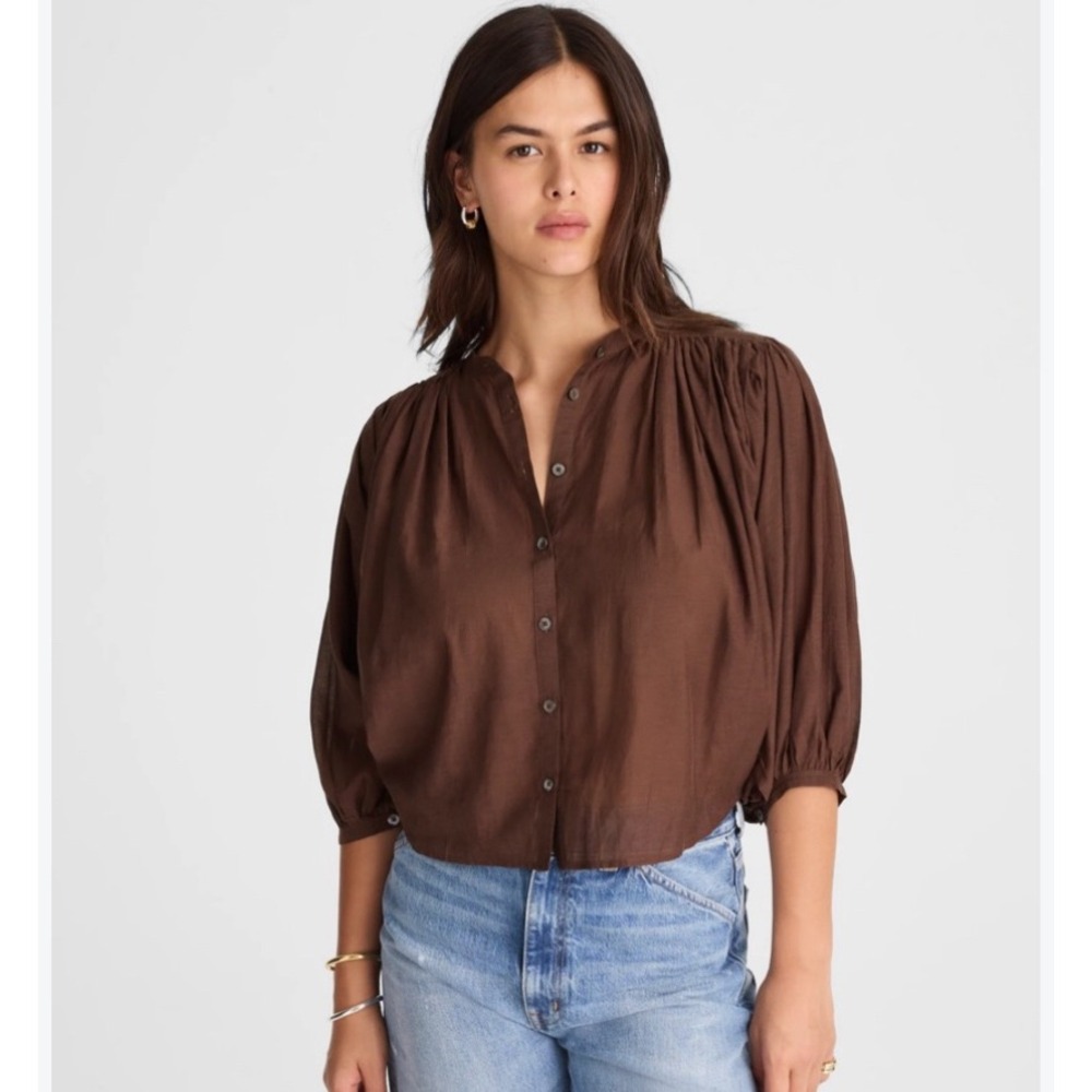 Madewell Brown Cotton Viscose Button Front Puff Sleeve Blouse Top Medium